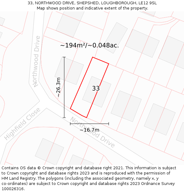 33, NORTHWOOD DRIVE, SHEPSHED, LOUGHBOROUGH, LE12 9SL: Plot and title map