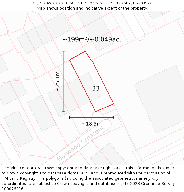 33, NORWOOD CRESCENT, STANNINGLEY, PUDSEY, LS28 6NG: Plot and title map