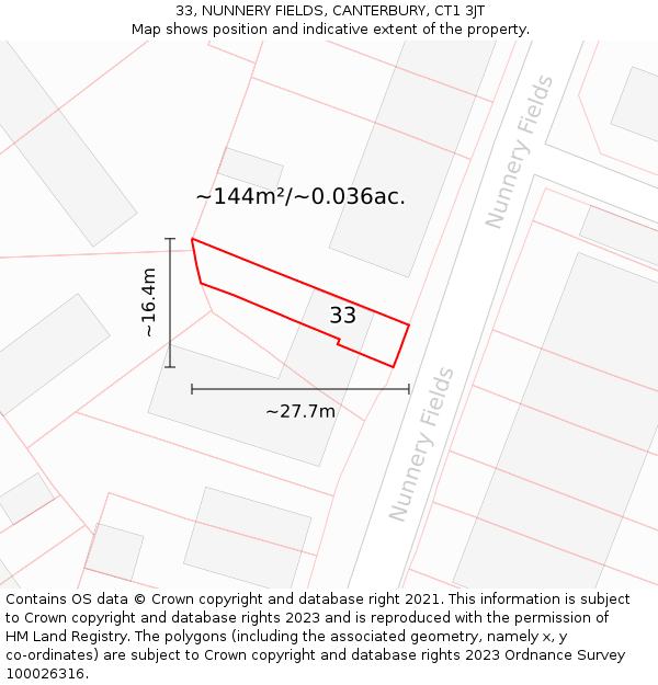 33, NUNNERY FIELDS, CANTERBURY, CT1 3JT: Plot and title map