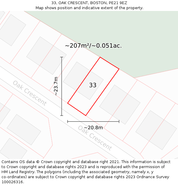 33, OAK CRESCENT, BOSTON, PE21 9EZ: Plot and title map