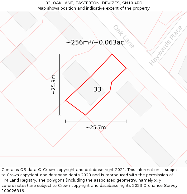 33, OAK LANE, EASTERTON, DEVIZES, SN10 4PD: Plot and title map