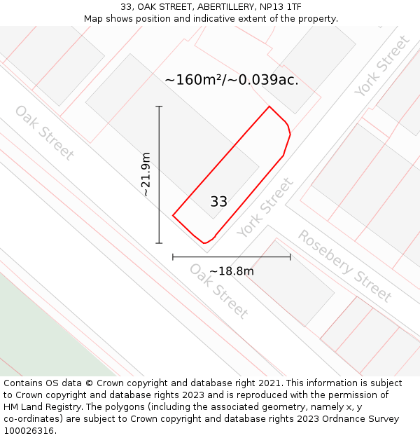 33, OAK STREET, ABERTILLERY, NP13 1TF: Plot and title map