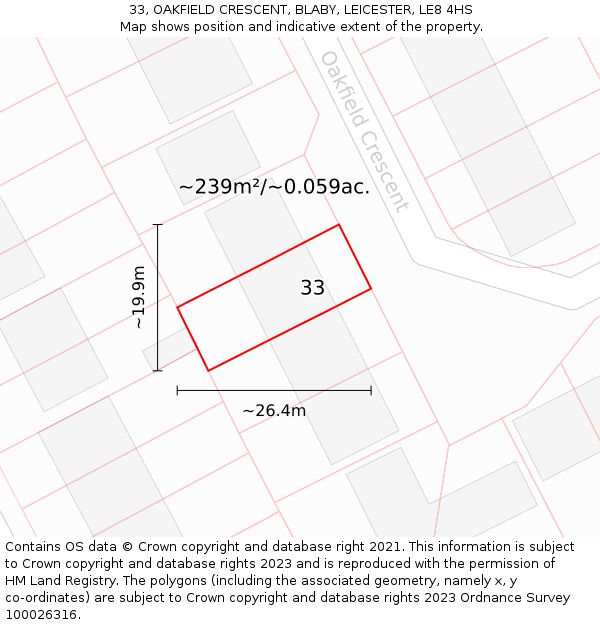 33, OAKFIELD CRESCENT, BLABY, LEICESTER, LE8 4HS: Plot and title map