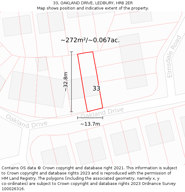 33, OAKLAND DRIVE, LEDBURY, HR8 2ER: Plot and title map