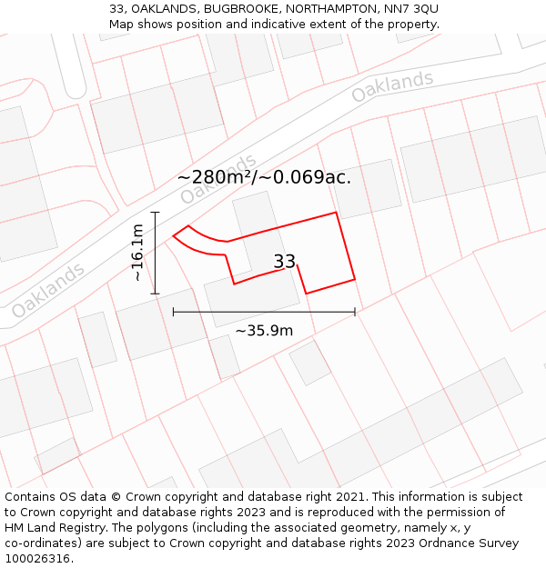 33, OAKLANDS, BUGBROOKE, NORTHAMPTON, NN7 3QU: Plot and title map