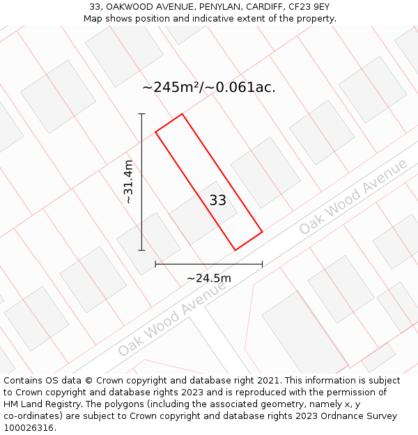 33, OAKWOOD AVENUE, PENYLAN, CARDIFF, CF23 9EY: Plot and title map