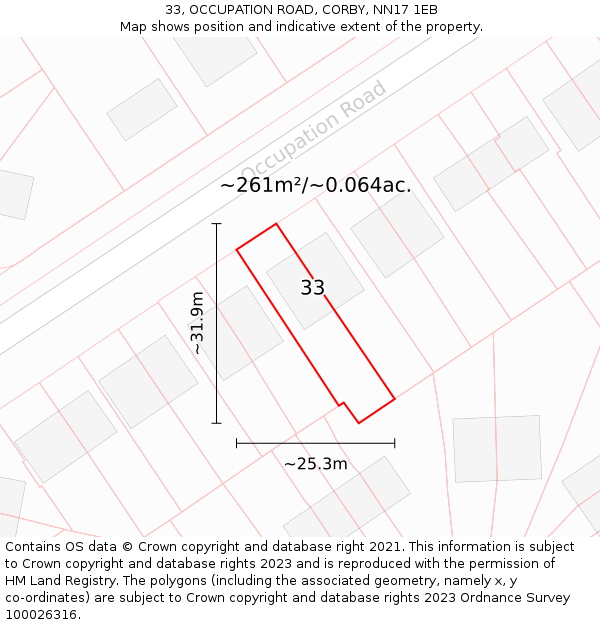 33, OCCUPATION ROAD, CORBY, NN17 1EB: Plot and title map