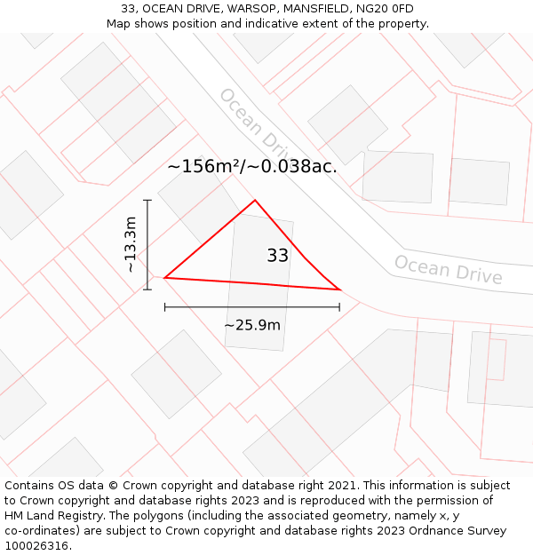 33, OCEAN DRIVE, WARSOP, MANSFIELD, NG20 0FD: Plot and title map