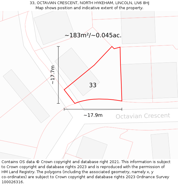 33, OCTAVIAN CRESCENT, NORTH HYKEHAM, LINCOLN, LN6 8HJ: Plot and title map