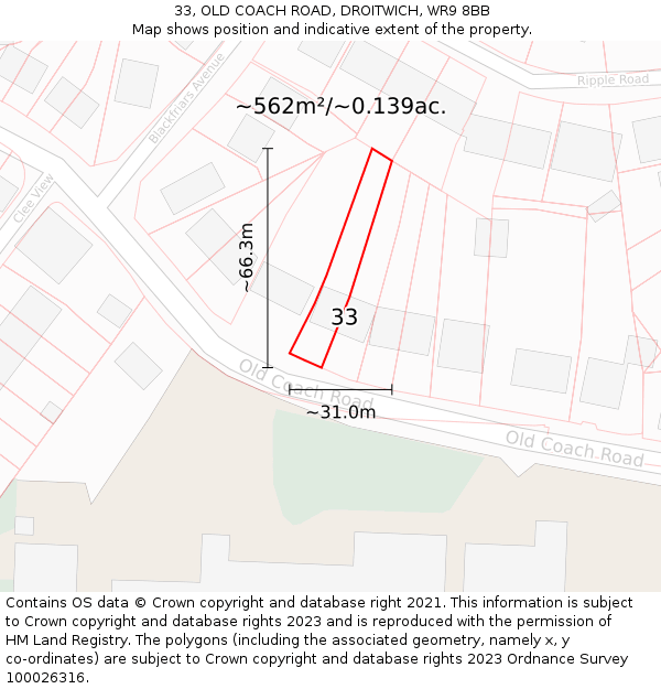 33, OLD COACH ROAD, DROITWICH, WR9 8BB: Plot and title map
