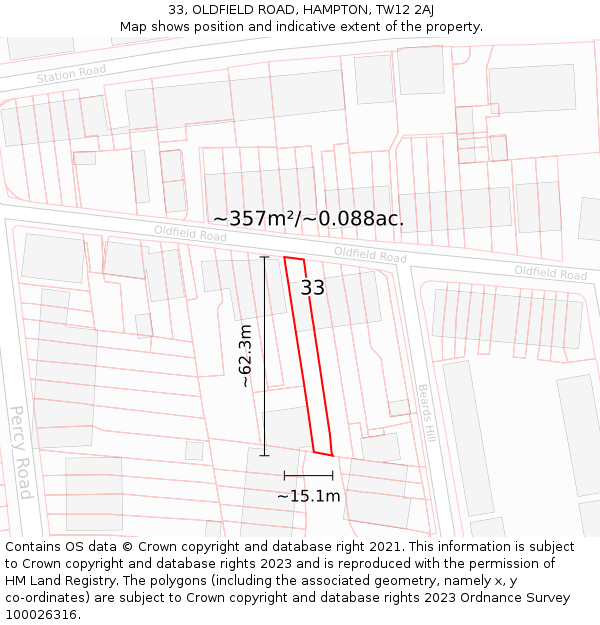 33, OLDFIELD ROAD, HAMPTON, TW12 2AJ: Plot and title map