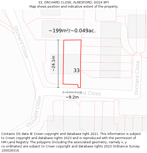 33, ORCHARD CLOSE, ALRESFORD, SO24 9PY: Plot and title map