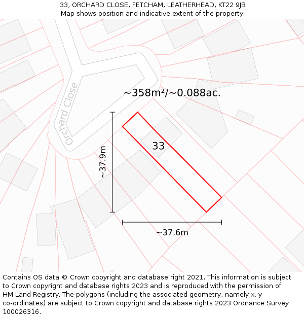 33, ORCHARD CLOSE, FETCHAM, LEATHERHEAD, KT22 9JB: Plot and title map