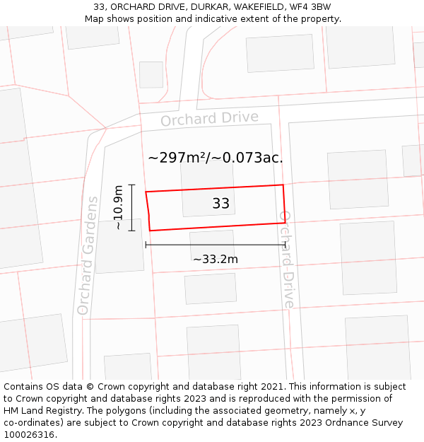 33, ORCHARD DRIVE, DURKAR, WAKEFIELD, WF4 3BW: Plot and title map