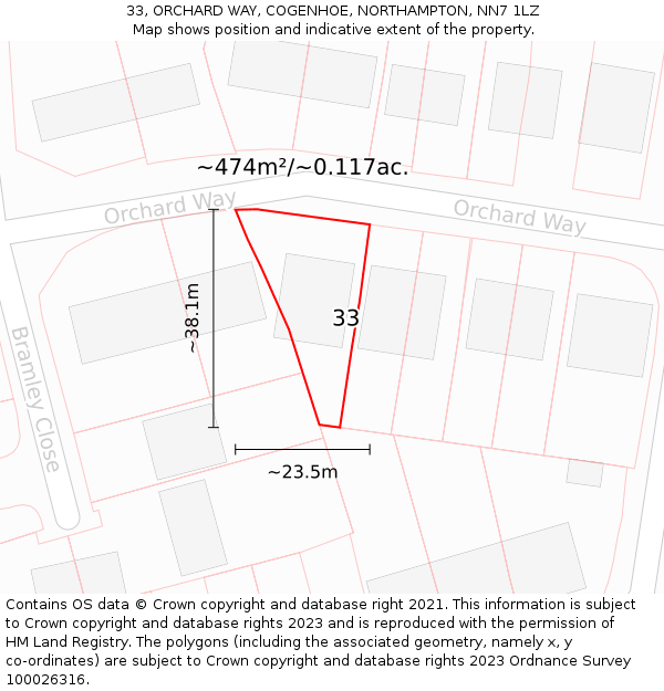 33, ORCHARD WAY, COGENHOE, NORTHAMPTON, NN7 1LZ: Plot and title map