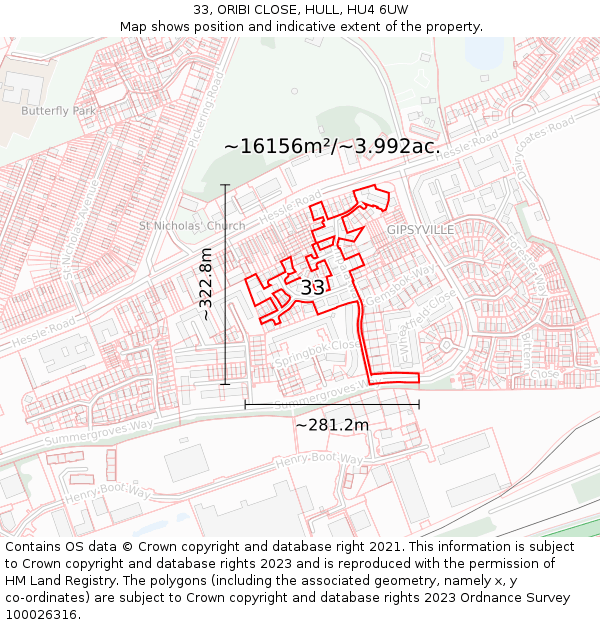 33, ORIBI CLOSE, HULL, HU4 6UW: Plot and title map