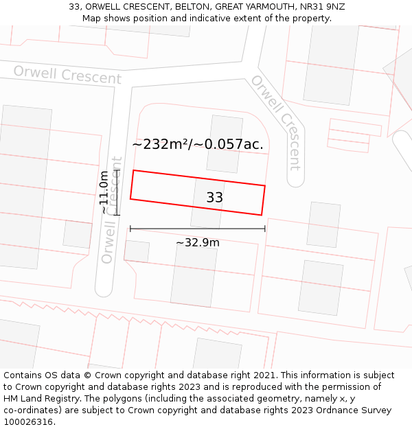 33, ORWELL CRESCENT, BELTON, GREAT YARMOUTH, NR31 9NZ: Plot and title map