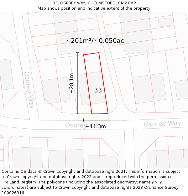 33, OSPREY WAY, CHELMSFORD, CM2 8AP: Plot and title map