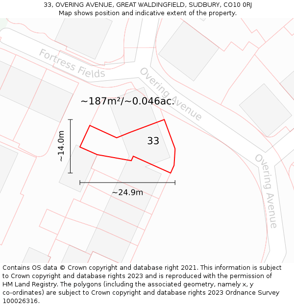 33, OVERING AVENUE, GREAT WALDINGFIELD, SUDBURY, CO10 0RJ: Plot and title map