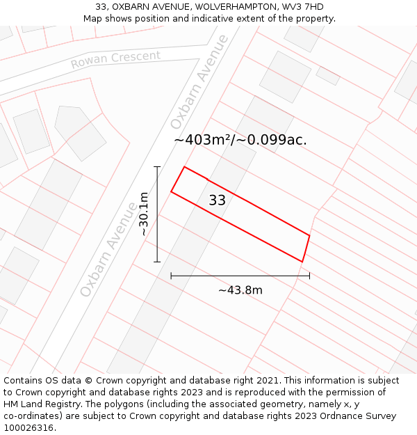 33, OXBARN AVENUE, WOLVERHAMPTON, WV3 7HD: Plot and title map