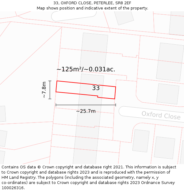 33, OXFORD CLOSE, PETERLEE, SR8 2EF: Plot and title map