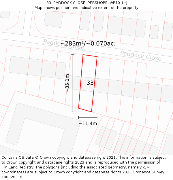 33, PADDOCK CLOSE, PERSHORE, WR10 1HJ: Plot and title map