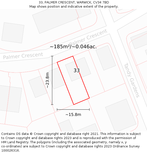 33, PALMER CRESCENT, WARWICK, CV34 7BD: Plot and title map