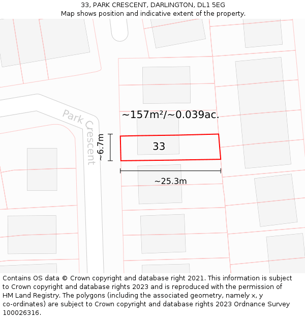 33, PARK CRESCENT, DARLINGTON, DL1 5EG: Plot and title map