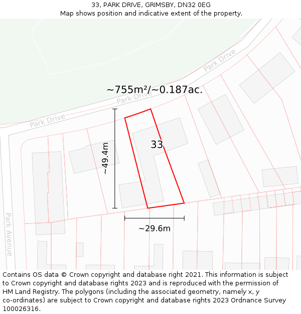 33, PARK DRIVE, GRIMSBY, DN32 0EG: Plot and title map