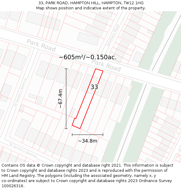 33, PARK ROAD, HAMPTON HILL, HAMPTON, TW12 1HG: Plot and title map