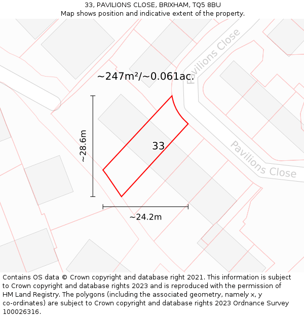 33, PAVILIONS CLOSE, BRIXHAM, TQ5 8BU: Plot and title map