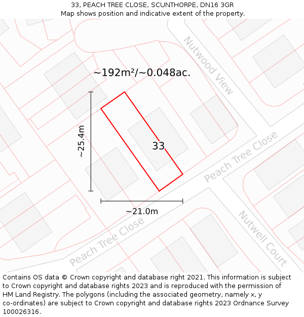 33, PEACH TREE CLOSE, SCUNTHORPE, DN16 3GR: Plot and title map