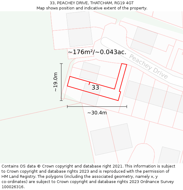 33, PEACHEY DRIVE, THATCHAM, RG19 4GT: Plot and title map