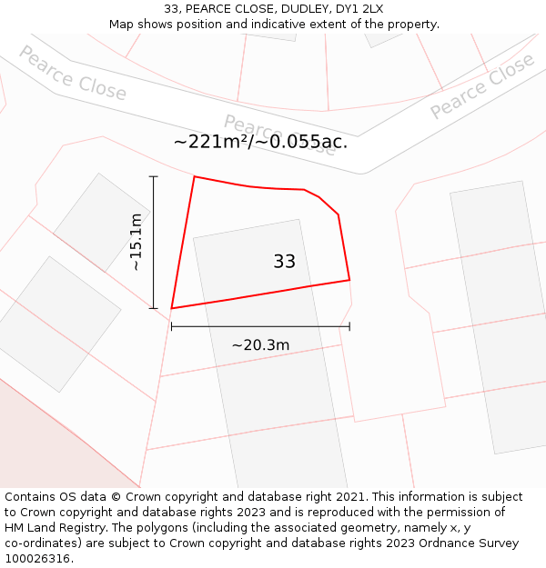 33, PEARCE CLOSE, DUDLEY, DY1 2LX: Plot and title map