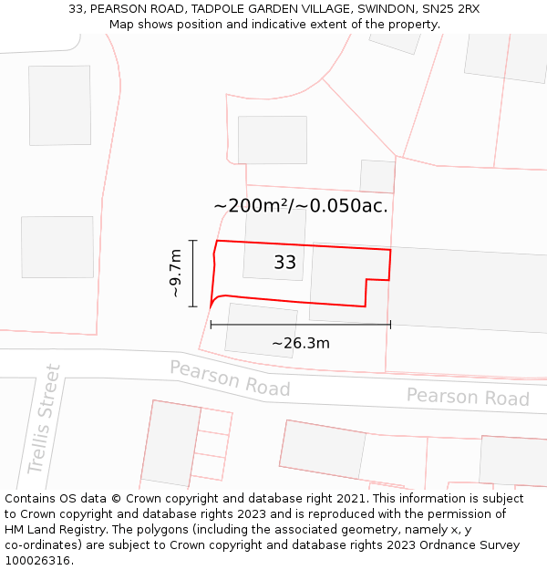 33, PEARSON ROAD, TADPOLE GARDEN VILLAGE, SWINDON, SN25 2RX: Plot and title map