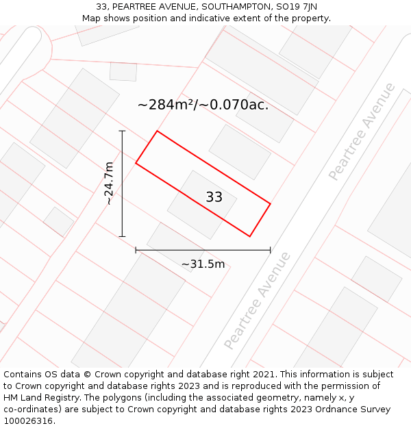 33, PEARTREE AVENUE, SOUTHAMPTON, SO19 7JN: Plot and title map