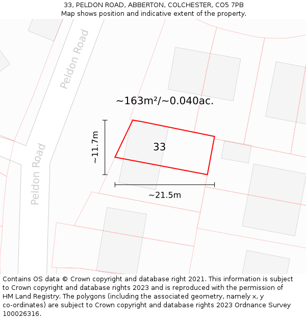 33, PELDON ROAD, ABBERTON, COLCHESTER, CO5 7PB: Plot and title map