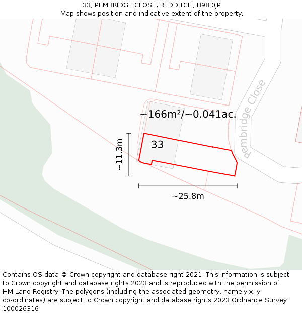 33, PEMBRIDGE CLOSE, REDDITCH, B98 0JP: Plot and title map