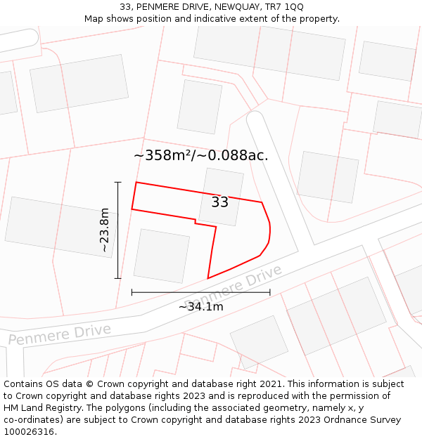 33, PENMERE DRIVE, NEWQUAY, TR7 1QQ: Plot and title map