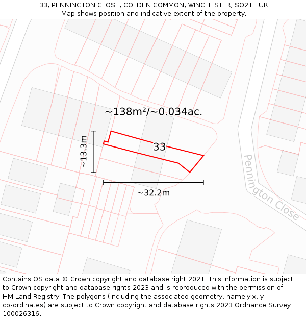 33, PENNINGTON CLOSE, COLDEN COMMON, WINCHESTER, SO21 1UR: Plot and title map