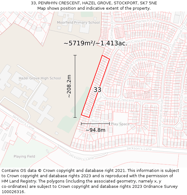 33, PENRHYN CRESCENT, HAZEL GROVE, STOCKPORT, SK7 5NE: Plot and title map