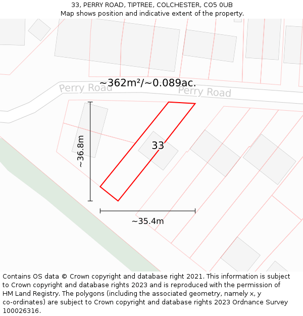 33, PERRY ROAD, TIPTREE, COLCHESTER, CO5 0UB: Plot and title map