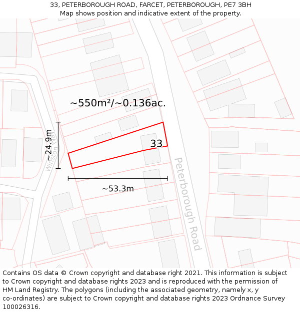 33, PETERBOROUGH ROAD, FARCET, PETERBOROUGH, PE7 3BH: Plot and title map