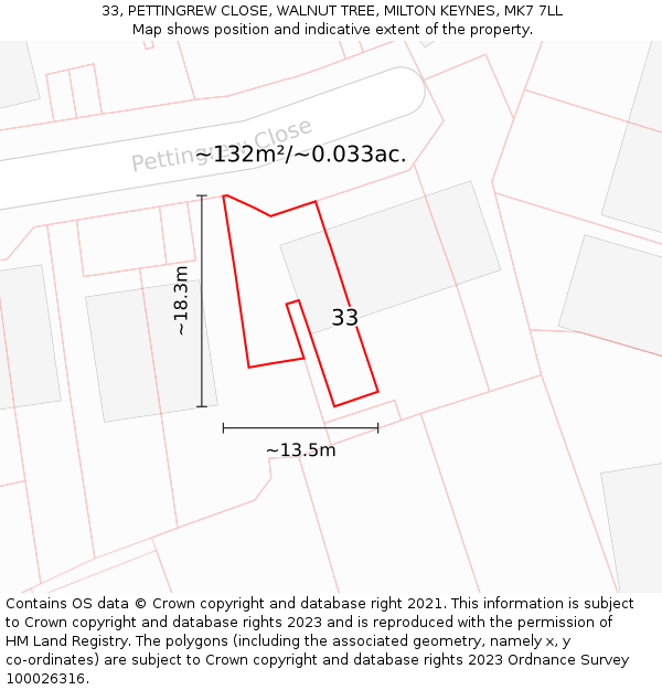 33, PETTINGREW CLOSE, WALNUT TREE, MILTON KEYNES, MK7 7LL: Plot and title map