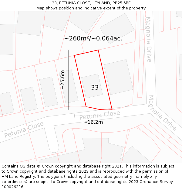 33, PETUNIA CLOSE, LEYLAND, PR25 5RE: Plot and title map