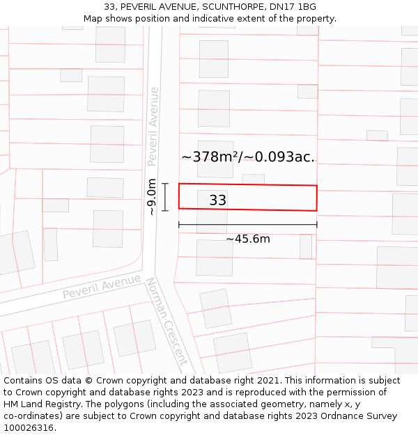 33, PEVERIL AVENUE, SCUNTHORPE, DN17 1BG: Plot and title map
