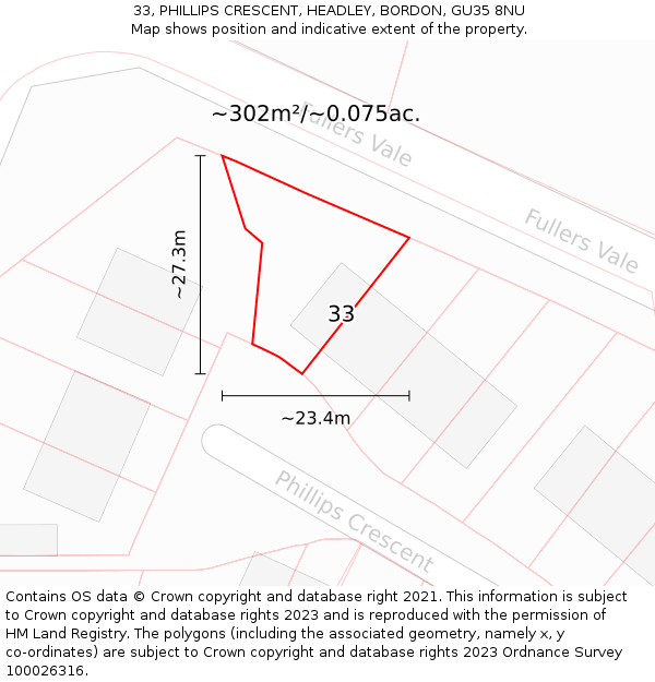 33, PHILLIPS CRESCENT, HEADLEY, BORDON, GU35 8NU: Plot and title map
