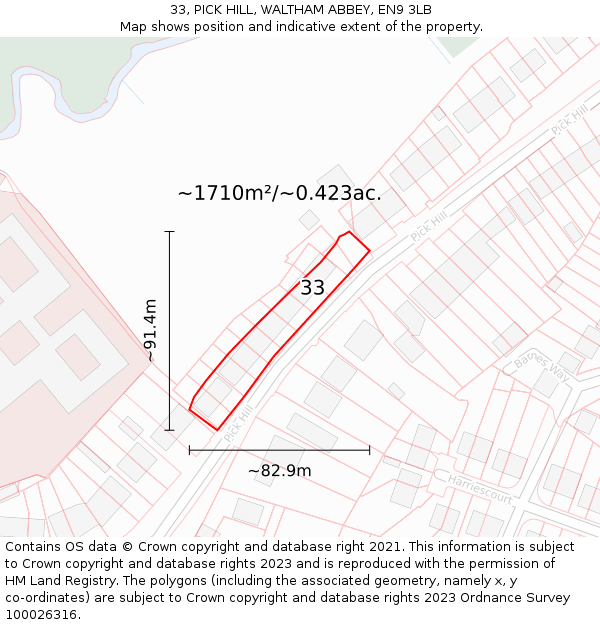 33, PICK HILL, WALTHAM ABBEY, EN9 3LB: Plot and title map
