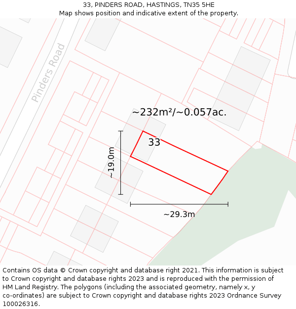 33, PINDERS ROAD, HASTINGS, TN35 5HE: Plot and title map