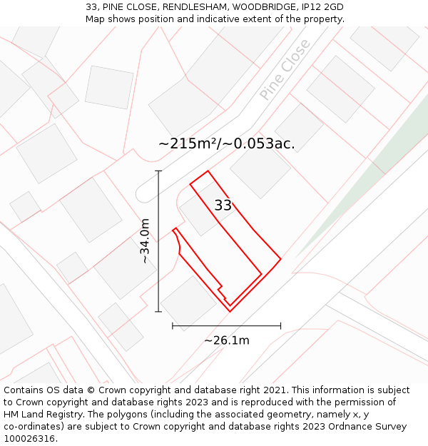 33, PINE CLOSE, RENDLESHAM, WOODBRIDGE, IP12 2GD: Plot and title map